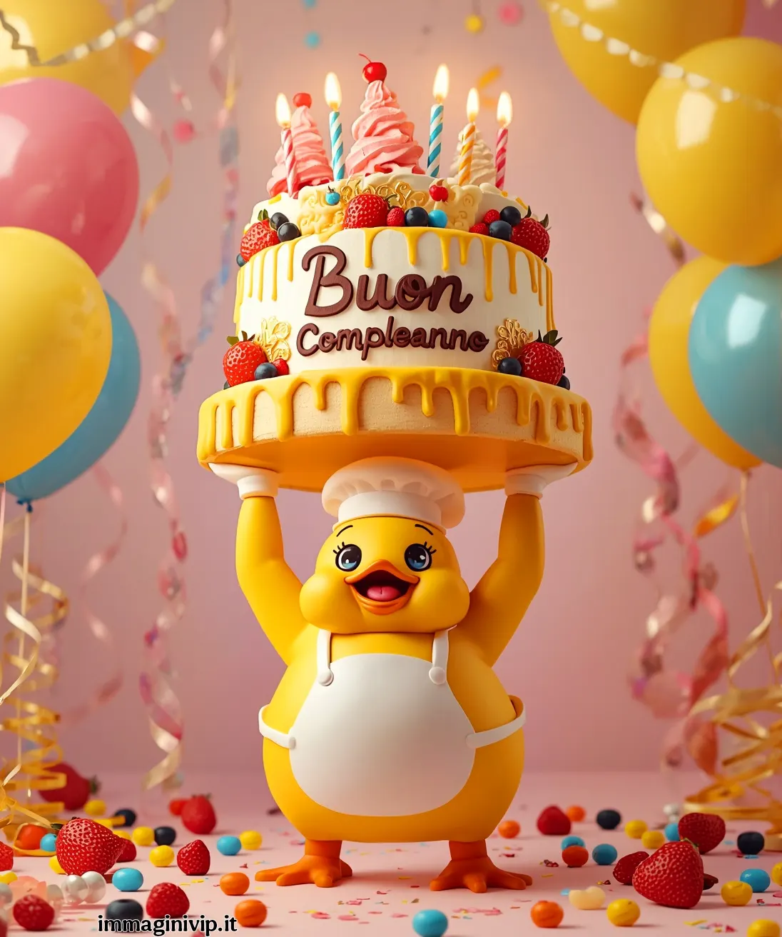 Simpatico paperotto chef giallo che regge una torta di compleanno a due piani con glassa gialla colante, decorata con fragole, frutti di bosco, candeline accese e scritta "Buon Compleanno", tra palloncini e coriandoli.