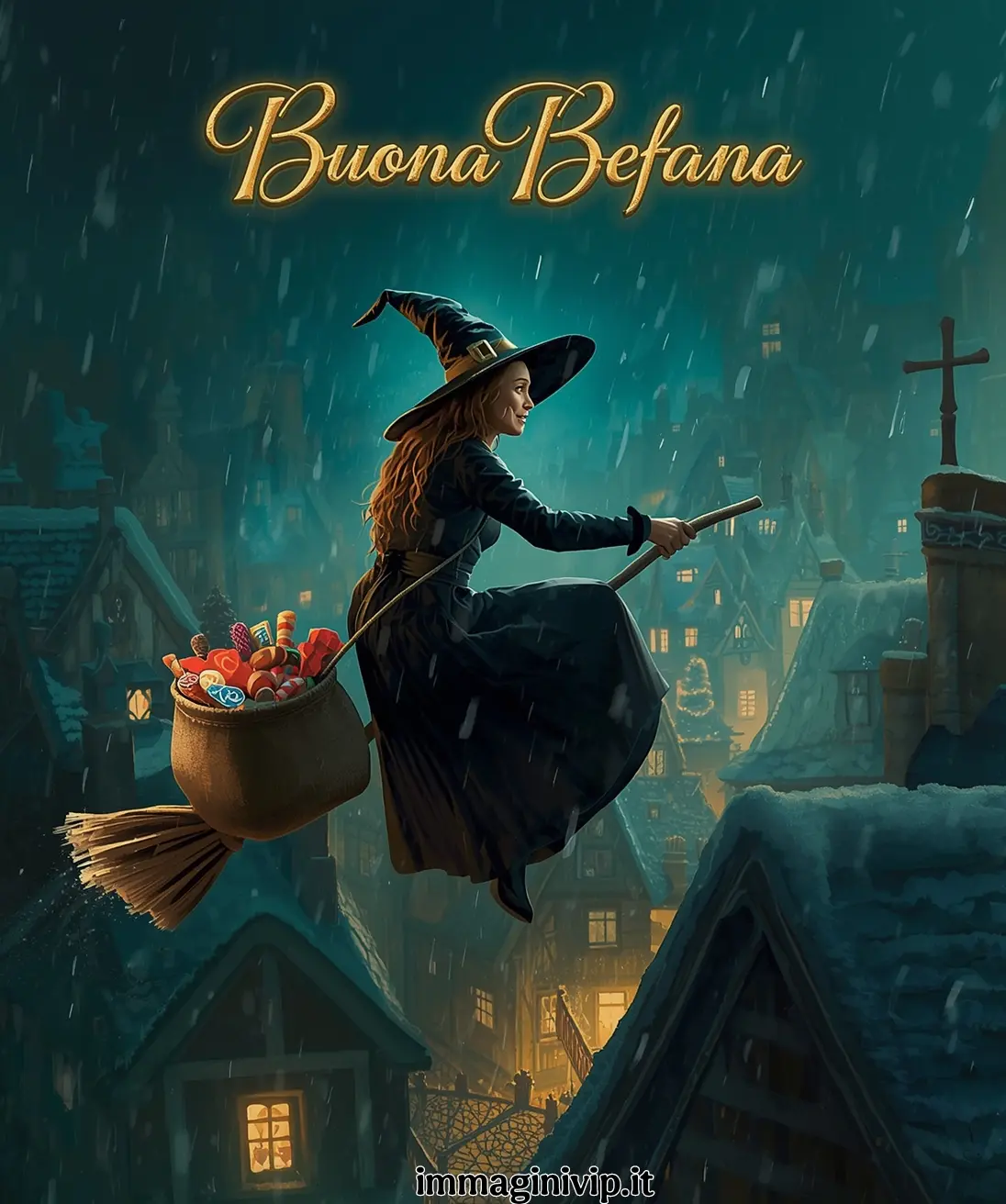 Una giovane Befana dai lunghi capelli castani vola sulla sua scopa sopra un villaggio innevato durante una notte d'inverno. Indossa un abito scuro e un cappello a punta. Appeso alla scopa c'è un sacco pieno di dolci colorati. In alto, la scritta dorata "Buona Befana" brilla contro il cielo notturno mentre scende una leggera neve.