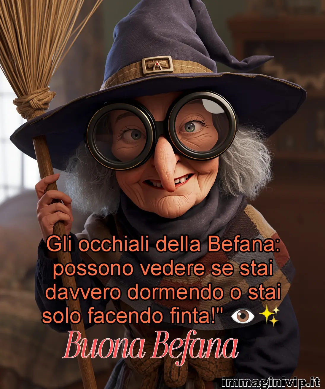 Primo piano di una Befana sorridente con enormi occhiali tondi e neri che le ingrandiscono gli occhi. Indossa un cappello a punta blu con una fibbia dorata e tiene in mano una scopa di saggina. Al centro dell'immagine compare la scritta: "Gli occhiali della Befana: possono vedere se stai davvero dormendo o stai solo facendo finta!" seguita dalle parole "Buona Befana" in corsivo rosa.