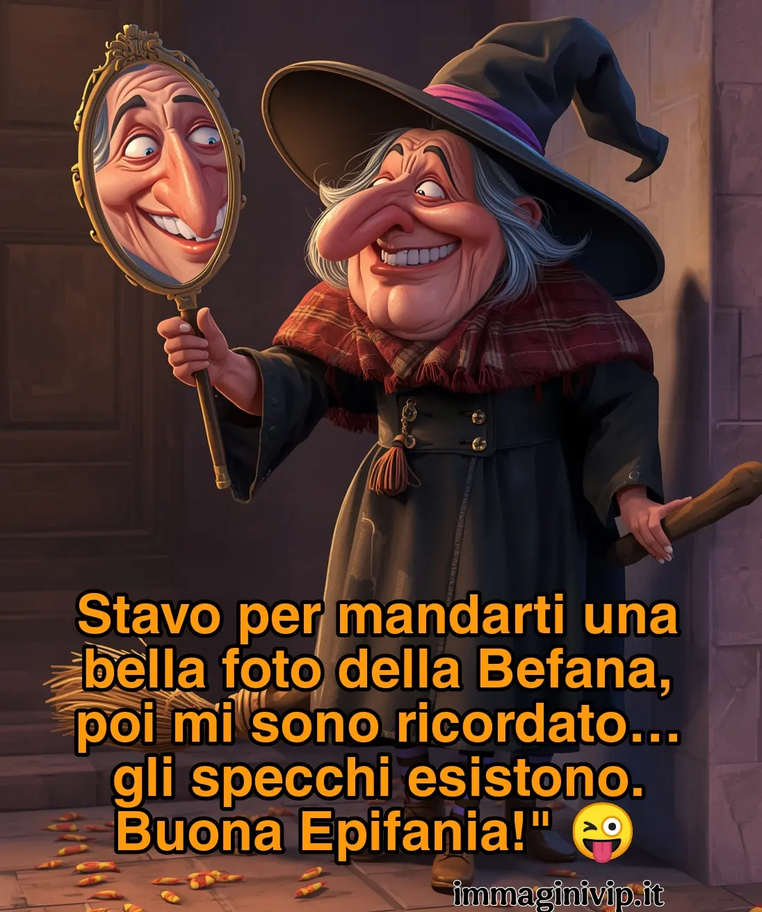 Un'immagine digitale ironica che mostra una Befana sorridente con un grande naso mentre si guarda in uno specchio a mano dorato. Riflessa nello specchio c'è la sua faccia buffa con un sorriso smagliante. Indossa un cappello a punta e uno scialle scozzese. Il testo dice: "Stavo per mandarti una bella foto della Befana, poi mi sono ricordato... gli specchi esistono. Buona Epifania! seguita da un'emoji che fa la linguaccia