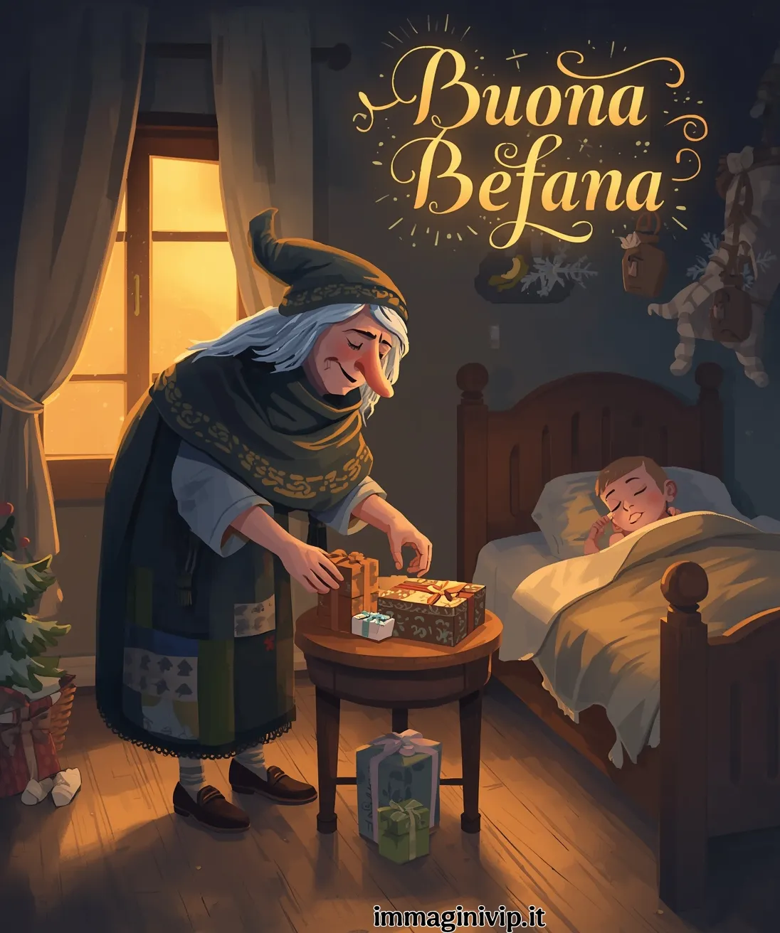 Un'immagine digitale che ritrae la Befana mentre lascia dei regali su un tavolino accanto al letto di un bambino che dorme. La stanza è in penombra, illuminata dalla luce calda che proviene da una finestra. La Befana indossa un mantello scuro con toppe e un cappello a punta. In alto a destra, la scritta luminosa e decorativa "Buona Befana" brilla nel buio.
