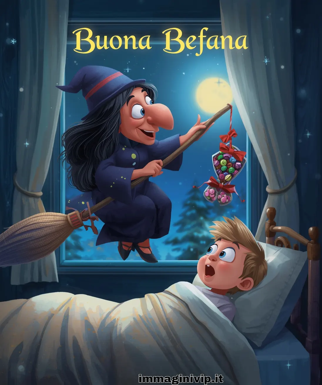 Un'immagine digitale che mostra la Befana mentre entra volando dalla finestra di una cameretta. Un bambino a letto la guarda con un'espressione di stupore e meraviglia. La Befana, con un grande naso e un sorriso simpatico, porge al bambino una calza trasparente piena di dolci colorati appesa alla sua scopa. Sullo sfondo, attraverso la finestra, si vedono la luna piena e alberi innevati. In alto appare la scritta gialla "Buona Befana"