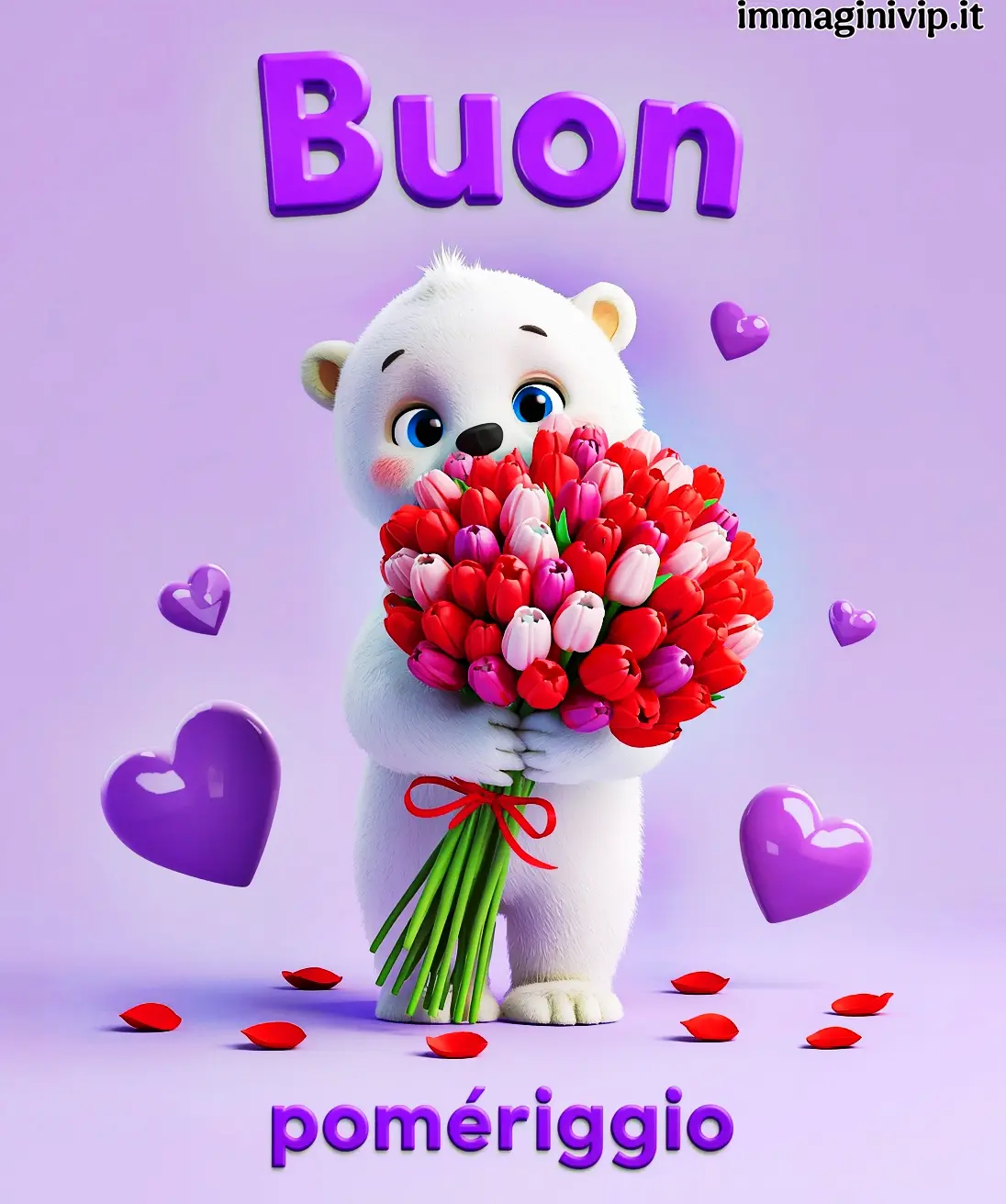 Immagine di buon pomeriggio con un tenero orsetto bianco che tiene un grande mazzo di tulipani rossi e rosa su sfondo lilla.