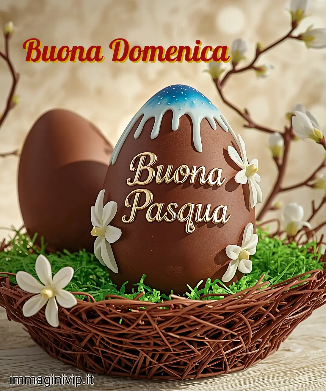 Auguri di Buona Pasqua e Buona Domenica con uova di cioccolato realistiche, decorazioni floreali e glassa; immagine elegante per il 2026