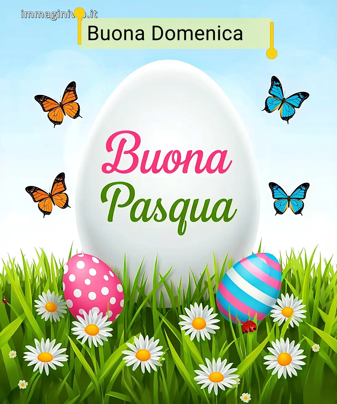 Auguri di Buona Pasqua e Buona Domenica 2026: grafica con uovo bianco, farfalle colorate e margherite in un prato verde su sfondo azzurro chiaro.