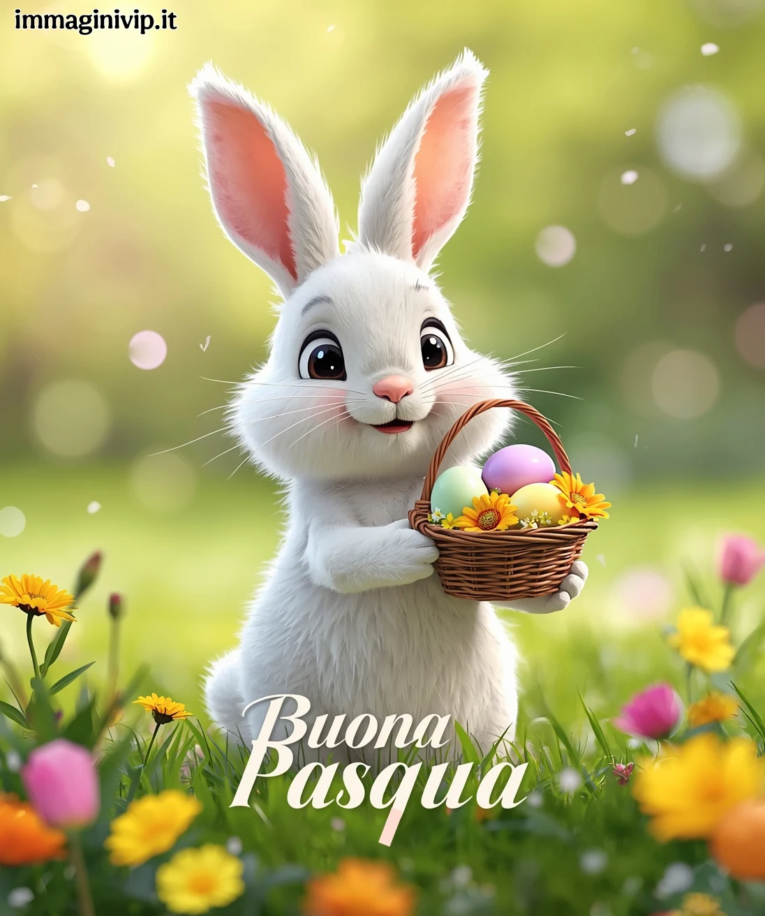 Auguri di Buona Pasqua 2026: coniglietto bianco con cestino di uova colorate in un giardino.