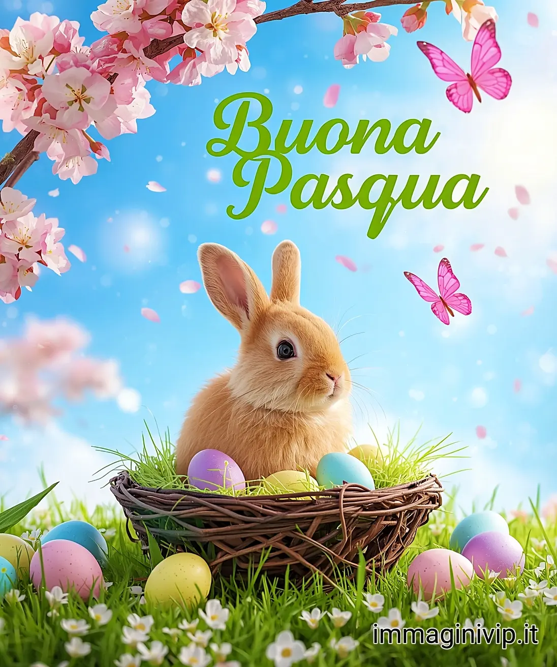 Immagine auguri Buona Pasqua: coniglio nel nido con uova colorate e rami di ciliegio in fiore; grafica primaverile per il 2026.