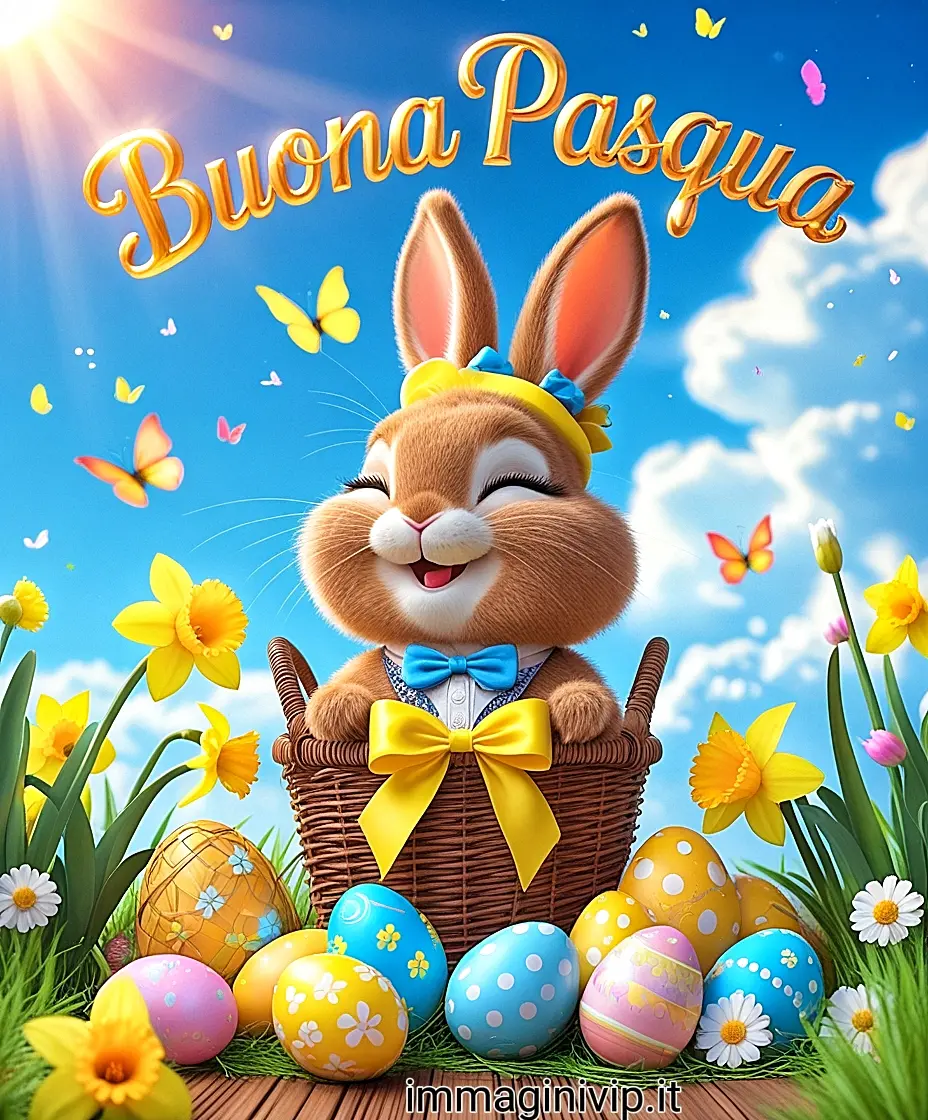 Auguri di Buona Pasqua 2026: coniglio felice nel cestino, uova colorate e fiori di primavera; immagine solare e allegra per messaggi di auguri
