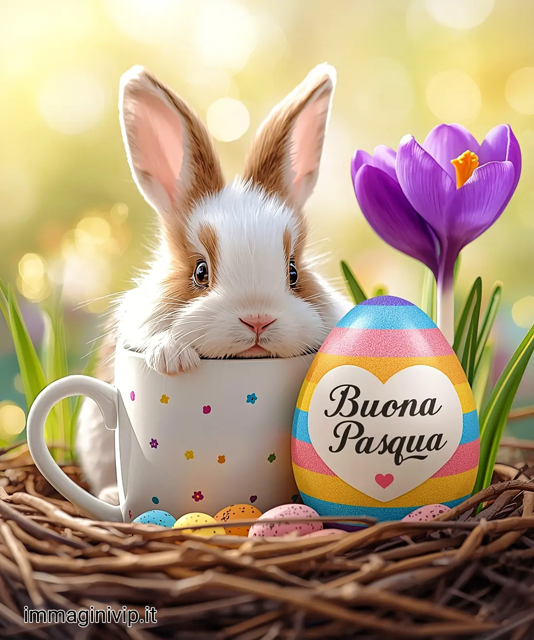 Auguri Buona Pasqua: coniglietto in una tazza con uova colorate e fiori primaverili; immagine dolce e originale per il 2026