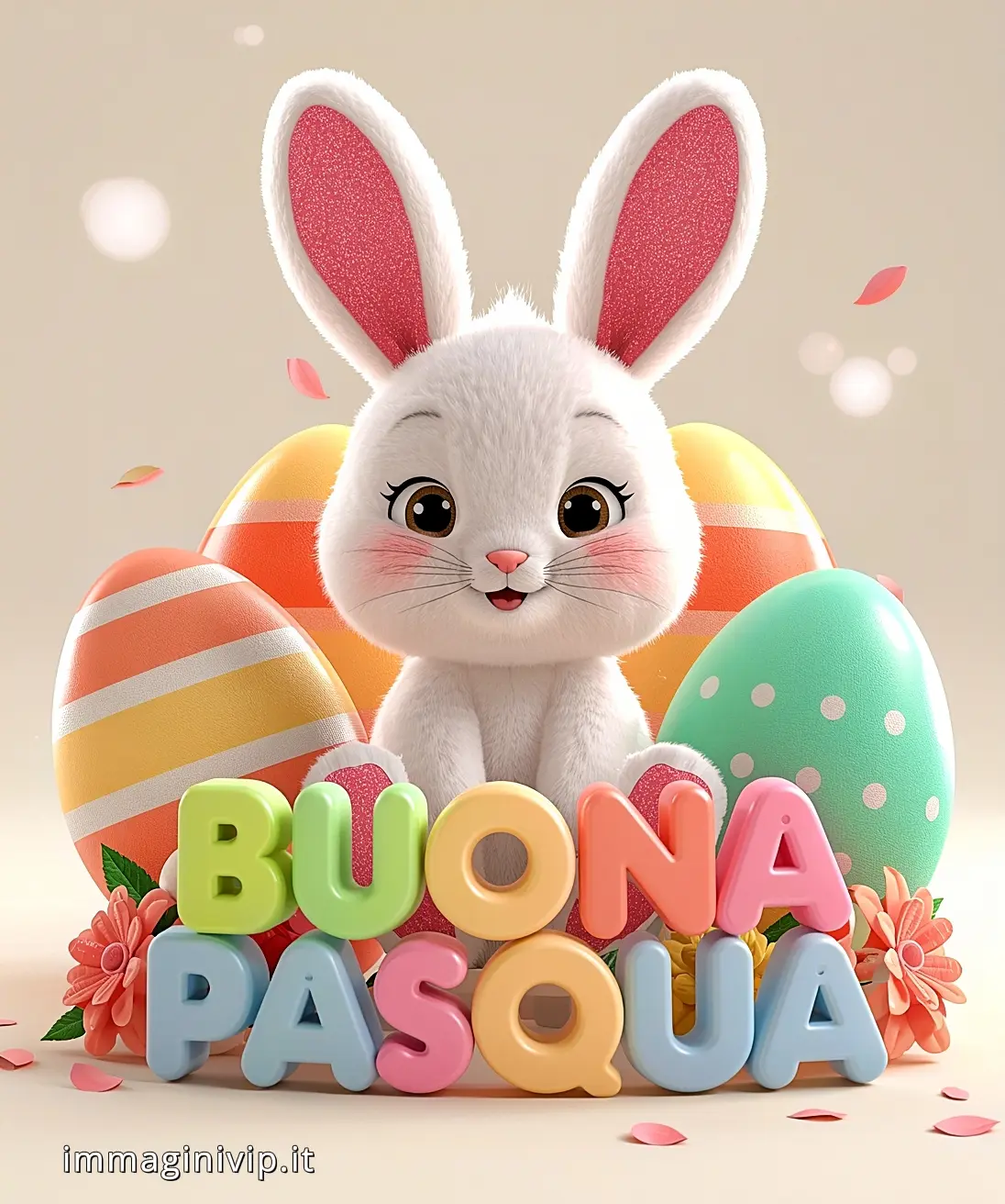 Immagine auguri Buona Pasqua 2026: coniglio bianco in stile cartoon con uova colorate pastello su sfondo neutro