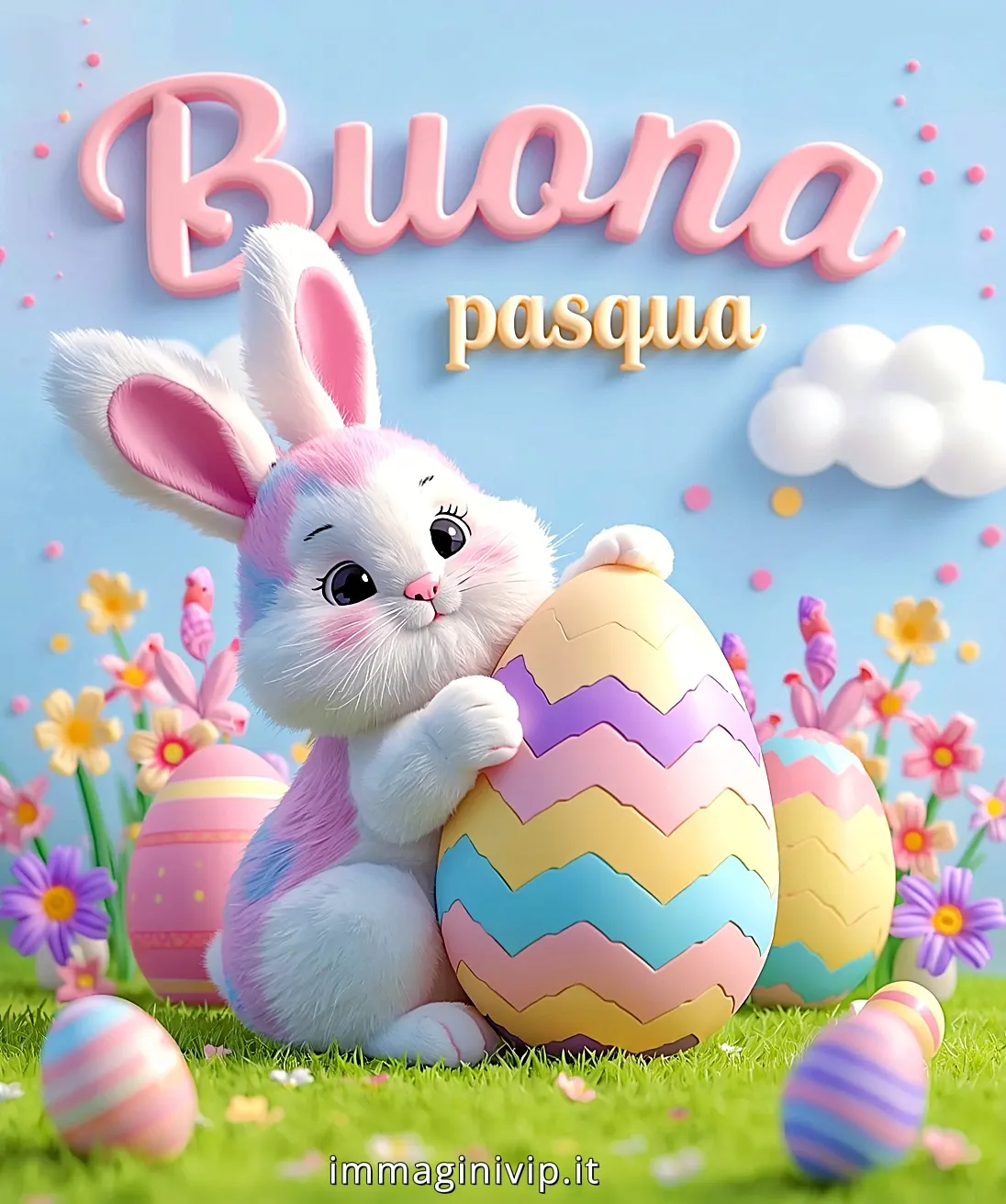 Auguri Buona Pasqua 2026: coniglietto rosa e bianco con uova colorate e fiori primaverili; illustrazione dolce in stile 3D per bambini.