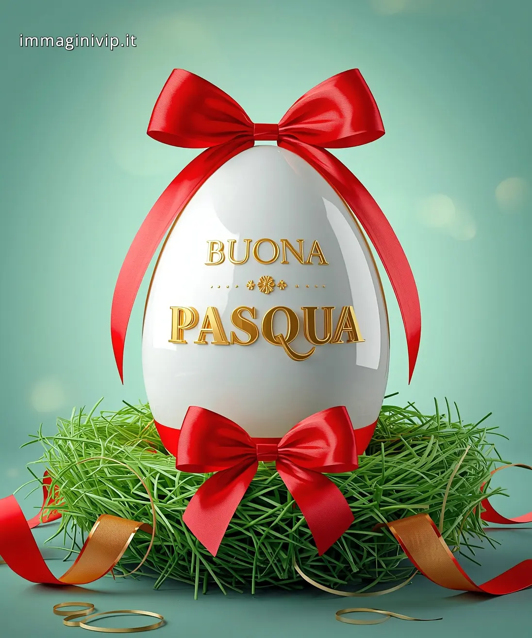 Auguri di Buona Pasqua eleganti: uovo decorato con fiocco rosso e scritte in oro su sfondo verde acqua