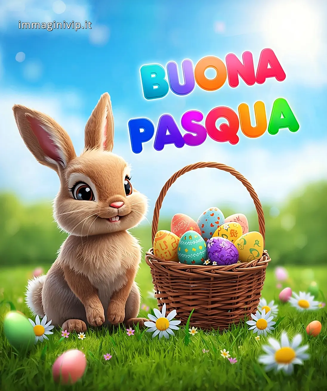 Auguri di Buona Pasqua: coniglio pasquale con cestino di uova colorate, fiori e cielo azzurro; immagine festiva per il 2026.