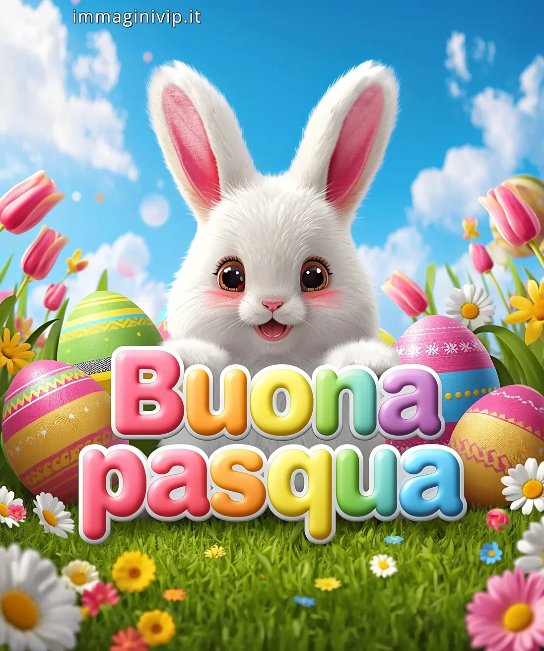 Biglietto d'auguri Buona Pasqua con coniglio, uova di Pasqua colorate e prato fiorito; grafica festiva per il 2026.