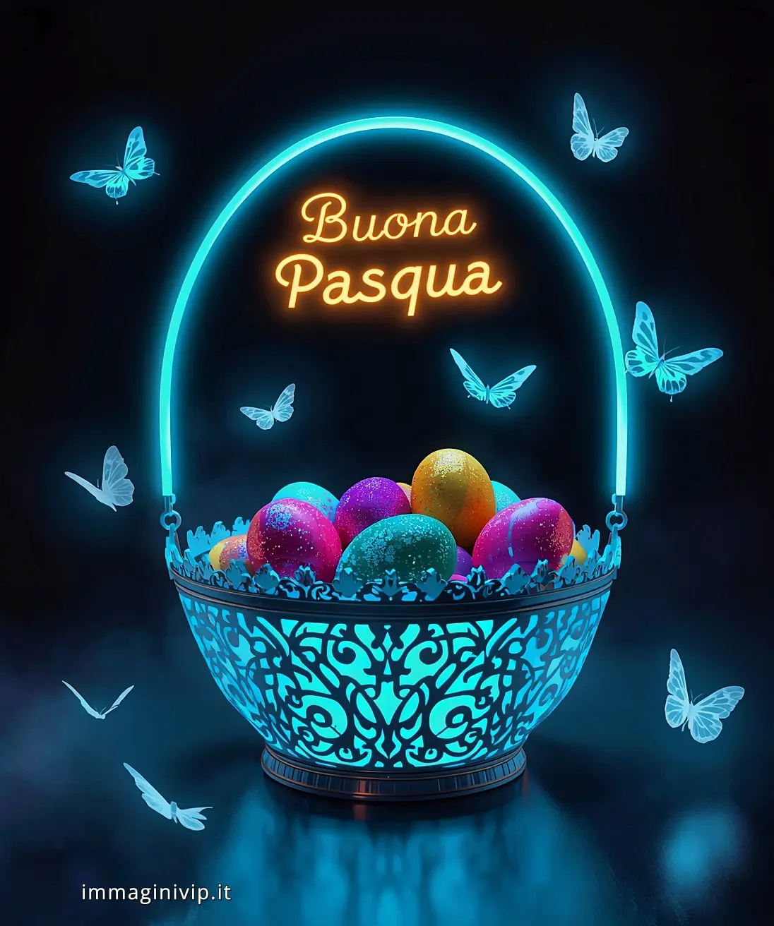 Immagine Buona Pasqua moderna: cestino di uova colorate con effetto neon e farfalle luminose su sfondo nero