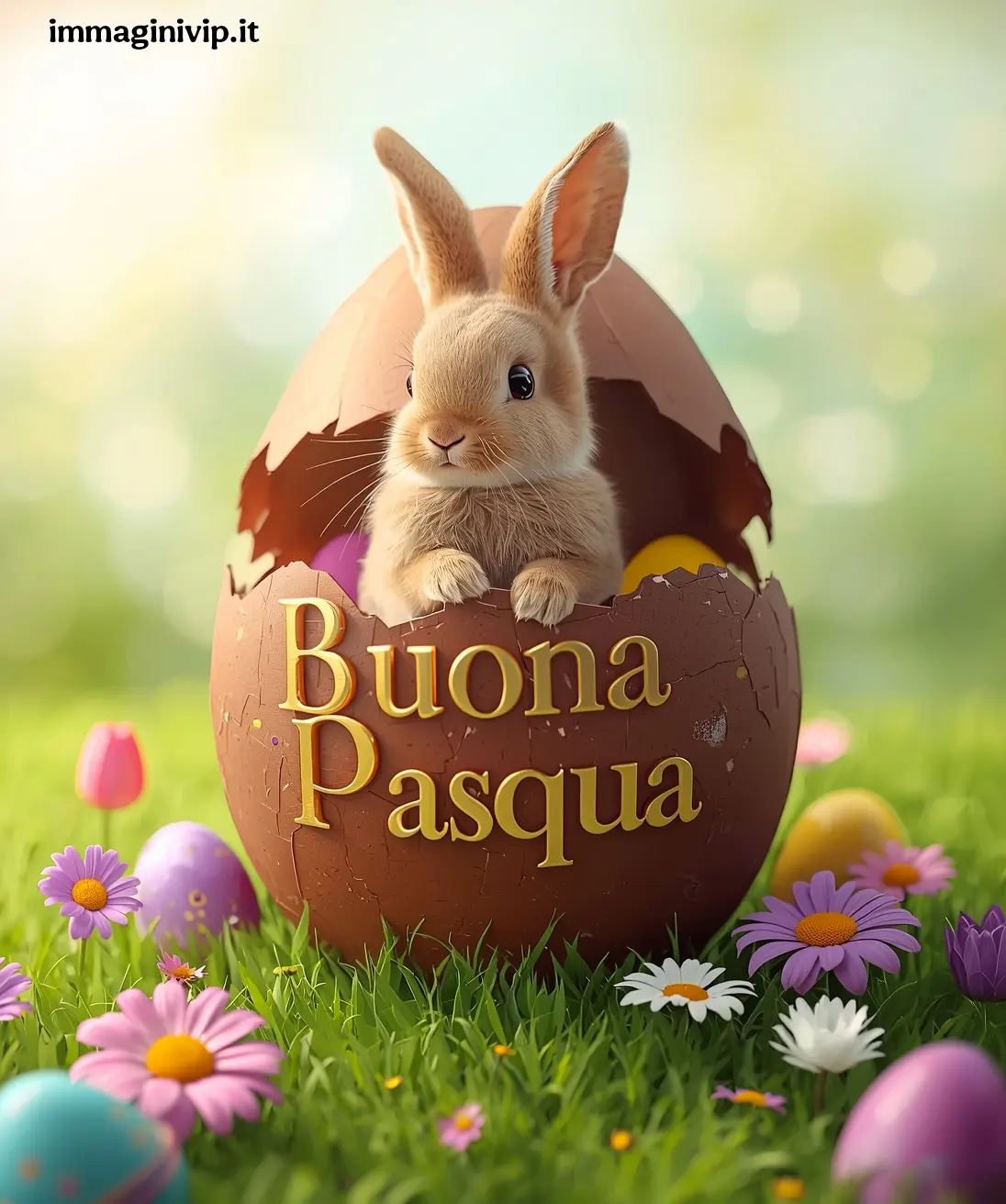 Auguri di Buona Pasqua: coniglio che esce da un uovo di cioccolato in un giardino fiorito; immagine suggestiva e realistica per il 2026.