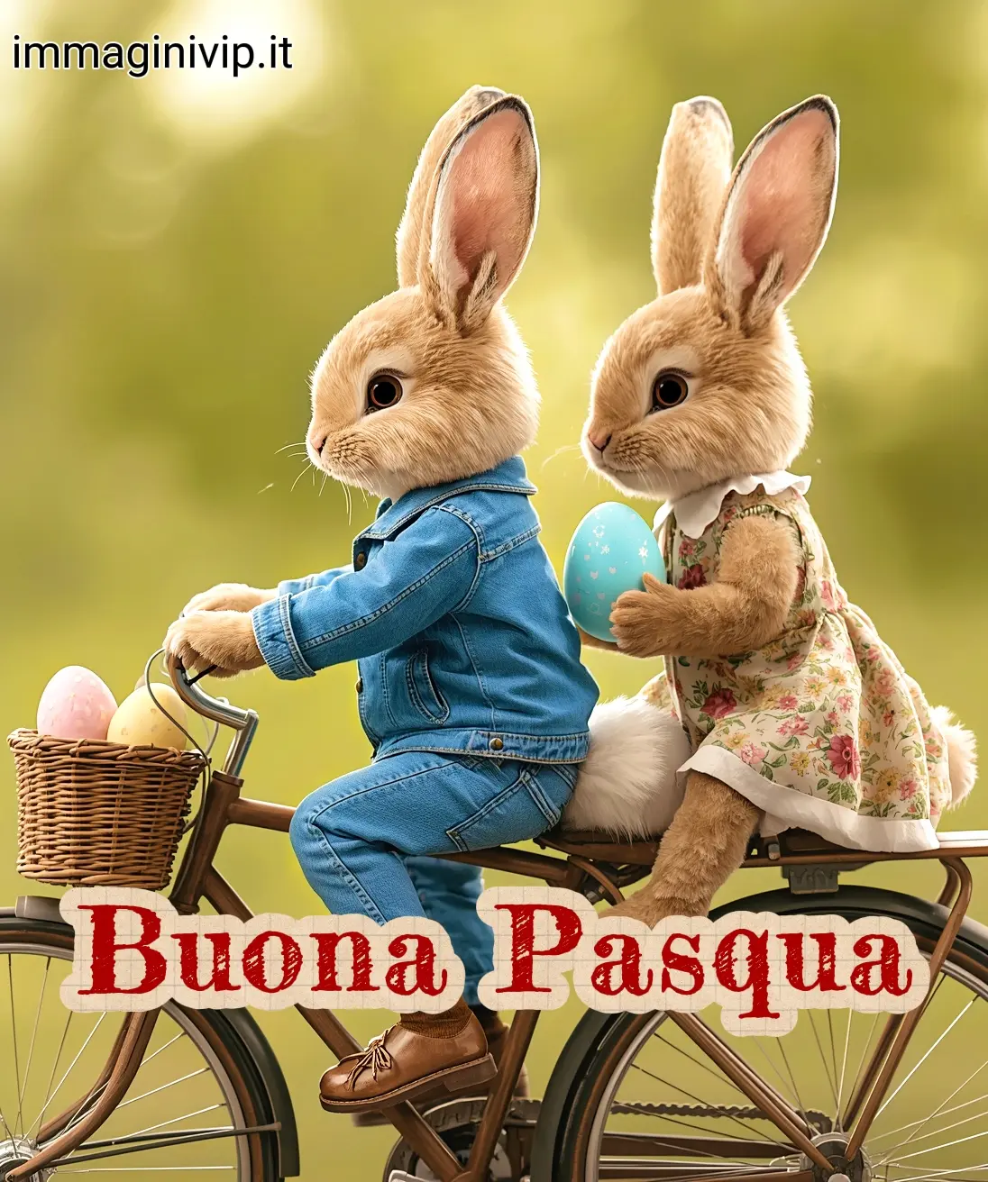 Auguri di Buona Pasqua vintage: coppia di coniglietti in bicicletta con uova colorate; immagine artistica e simpatica per il 2026