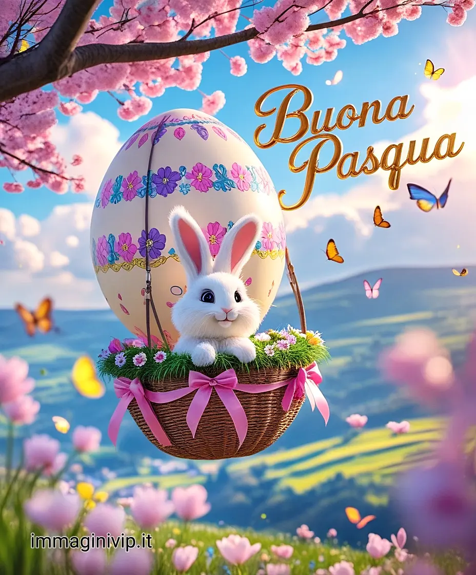 Auguri di Buona Pasqua originali: coniglio su mongolfiera uovo sopra un paesaggio primaverile; immagine artistica e suggestiva per il 2026.