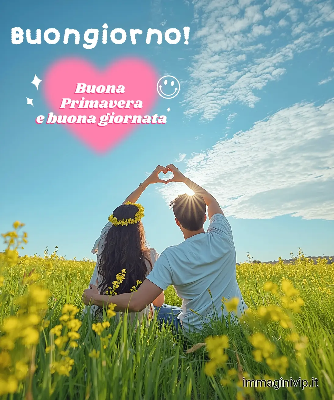 Immagine di Buongiorno Buona Primavera con coppia nel prato fiorito. Foto romantica primaverile con cuore e auguri per una buona giornata, ideale per accogliere la nuova stagione sui social
