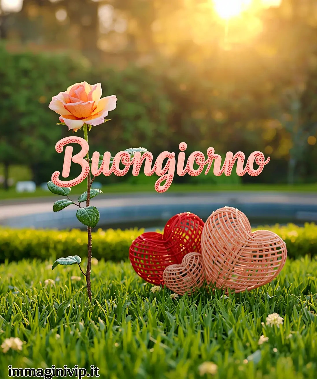 Un'immagine solare di buongiorno che ritrae una rosa color pesca che svetta su un prato verde rigoglioso. Al centro, la scritta 'Buongiorno' in un carattere morbido e punteggiato, affiancata da tre cuori intrecciati realizzati con una trama a rete (uno rosso e due rosa pesco). Lo sfondo è un giardino luminoso scaldato dalla luce dorata del sole al mattino