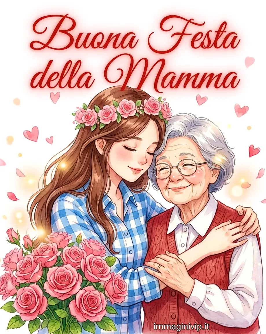 Illustrazione ragazza che abbraccia la nonna con rose rosa e scritta Buona Festa della Mamma.