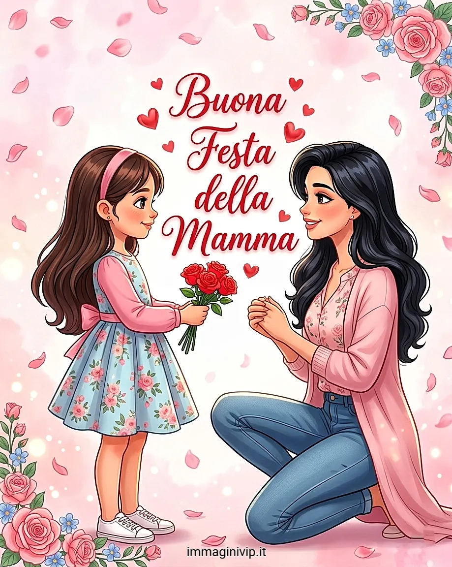 Illustrazione bambina che regala rose rosse alla mamma, sfondo rosa con cuori e scritta Buona Festa della Mamma.