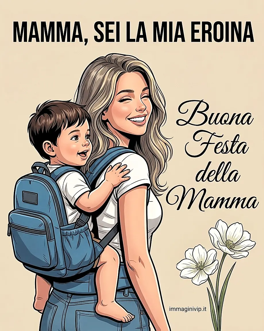 Disegno mamma con bambino nel marsupio e scritta Mamma sei la mia eroina, Buona Festa della Mamma.