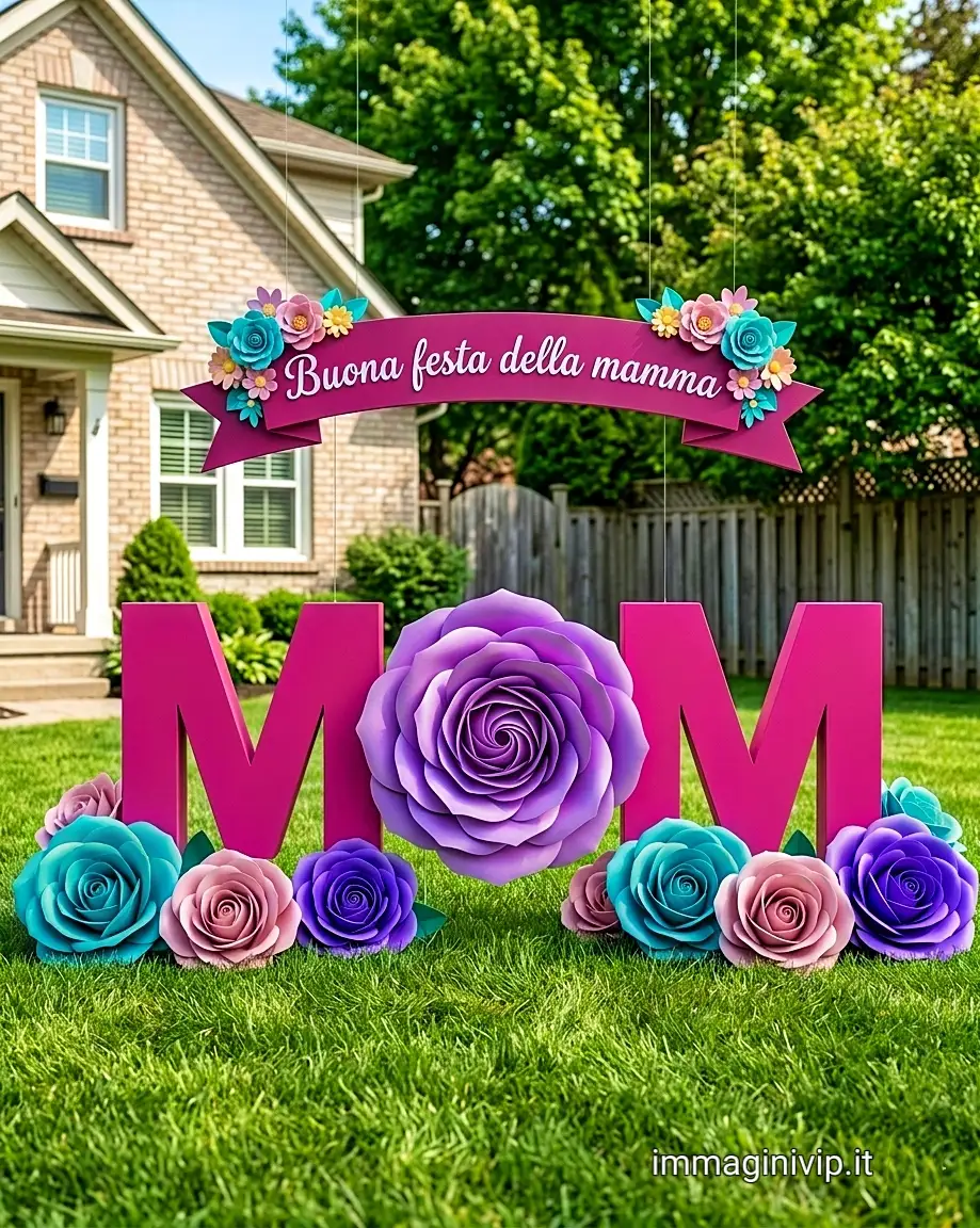 Scritta MOM gigante con rose di carta in un giardino, banner Buona Festa della Mamma appeso all'aperto.