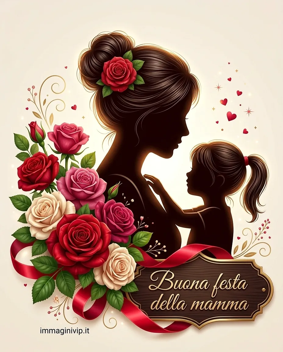 Silhouette nera mamma e figlia che si scambiano un fiore, cornice di fiori rosa stile paper-cut 3D.