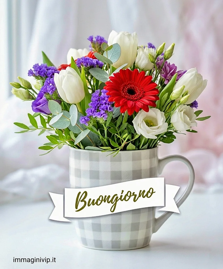 Bouquet di fiori colorati in tazza a scacchi con nastro e scritta "Buongiorno".
