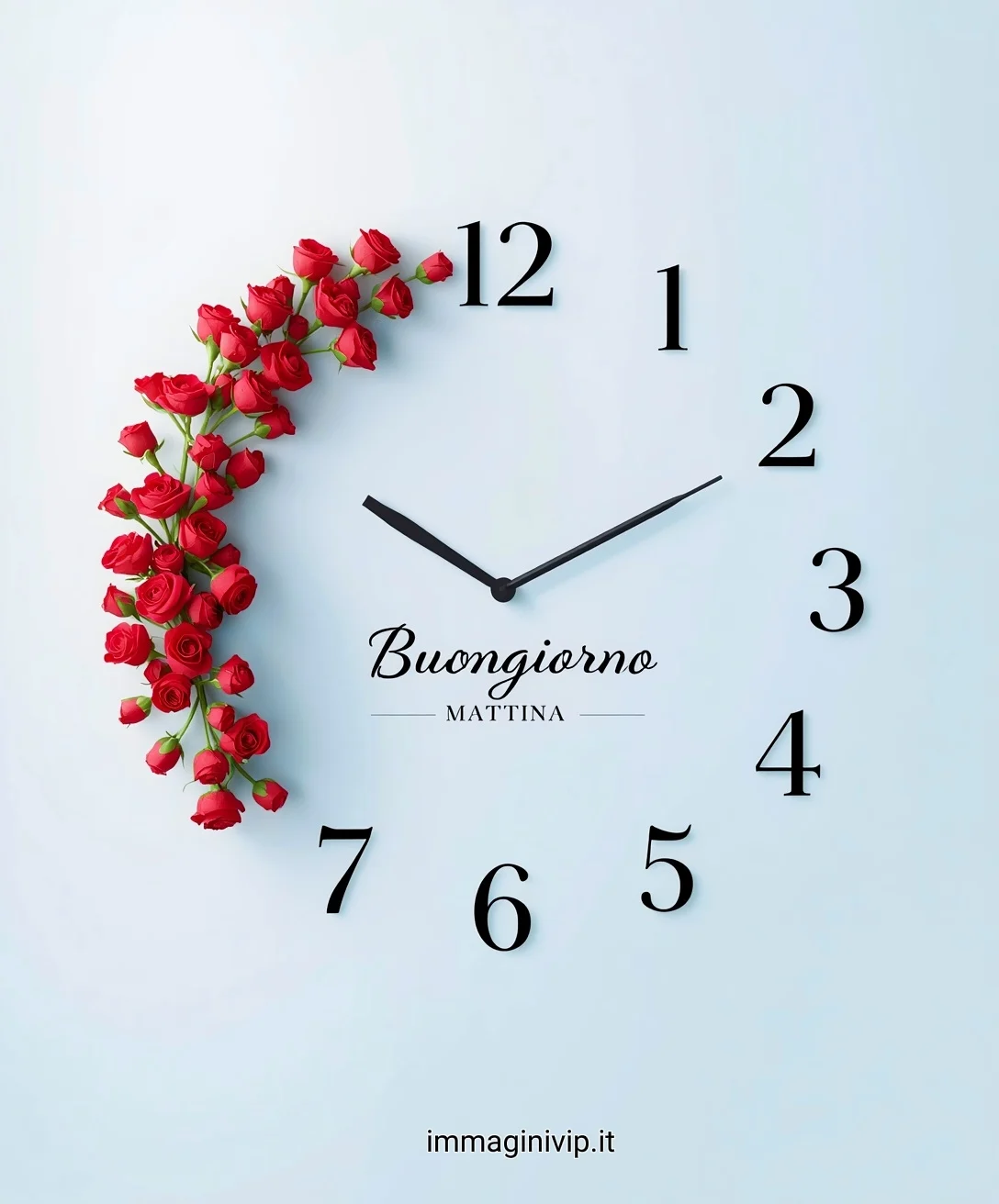 Orologio da parete decorato con rose rosse e scritta "Buongiorno Mattina" su sfondo celeste.