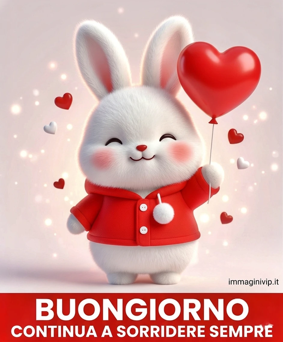 Coniglietto 3D con palloncino a cuore e dedica "Buongiorno continua a sorridere sempre" su sfondo luminoso.