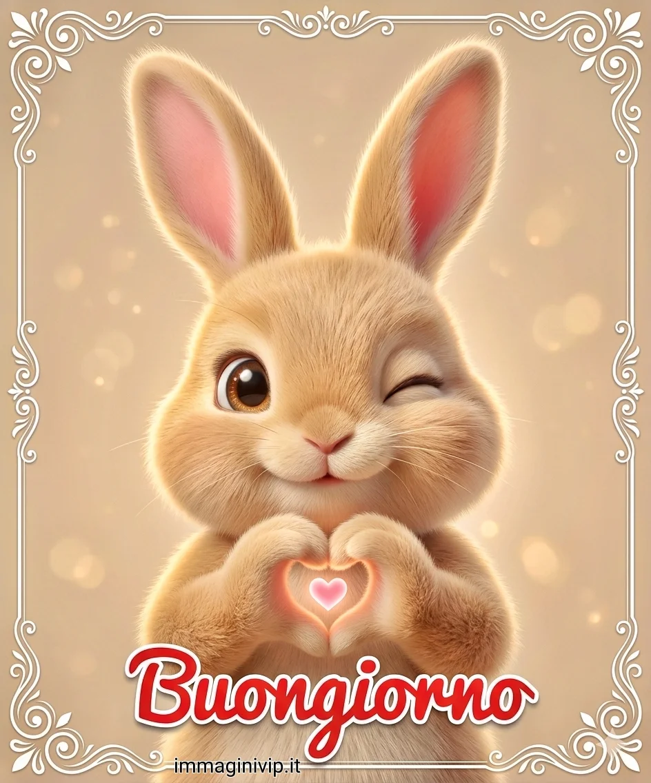Coniglietto 3D che fa un cuore con le mani e scritta "Buongiorno" su sfondo dorato.