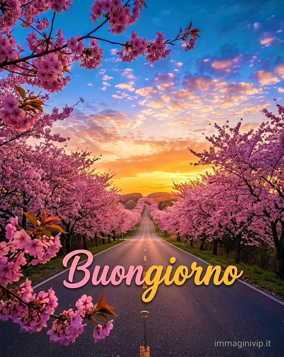 Strada panoramica con alberi di ciliegio in fiore al tramonto e scritta "Buongiorno"
