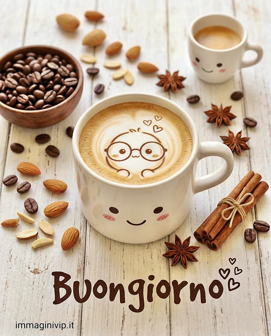 Cappuccino con latte art carina, chicchi di caffè, cannella e scritta "Buongiorno" su legno chiaro.