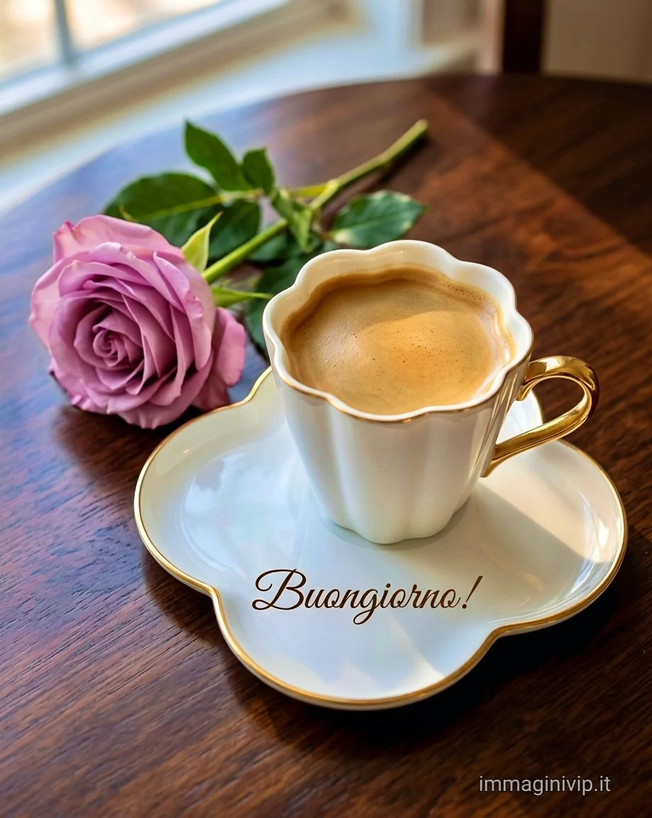 Tazzina di caffè elegante con rosa lilla su tavolo in legno e scritta "Buongiorno!".