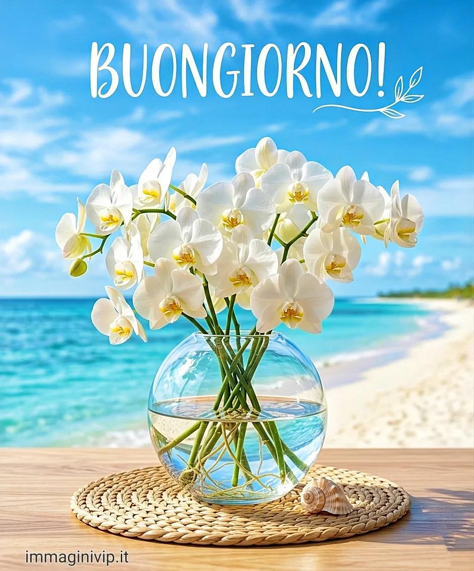 Orchidee bianche in vaso di vetro su tavolo in spiaggia con scritta "Buongiorno!".