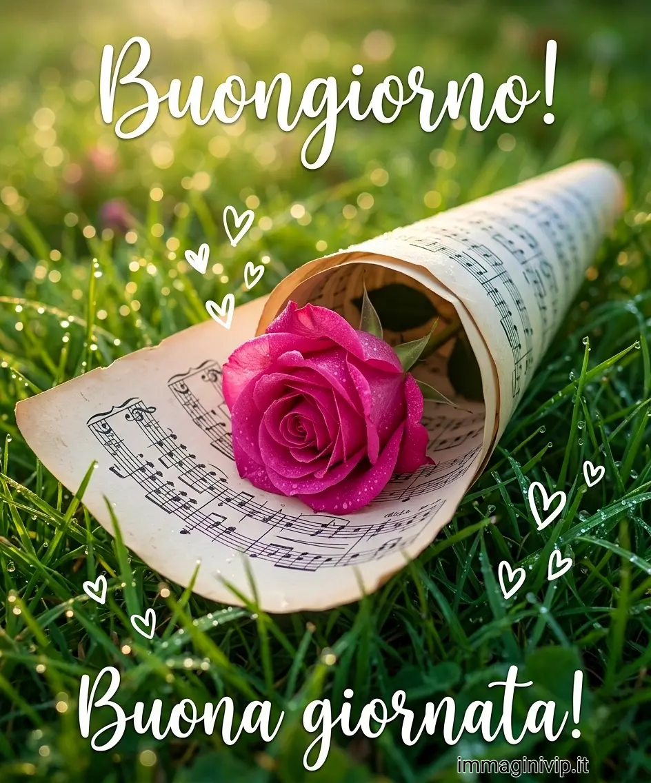 Rosa rosa avvolta in spartito musicale sull'erba con scritta "Buongiorno Buona giornata"