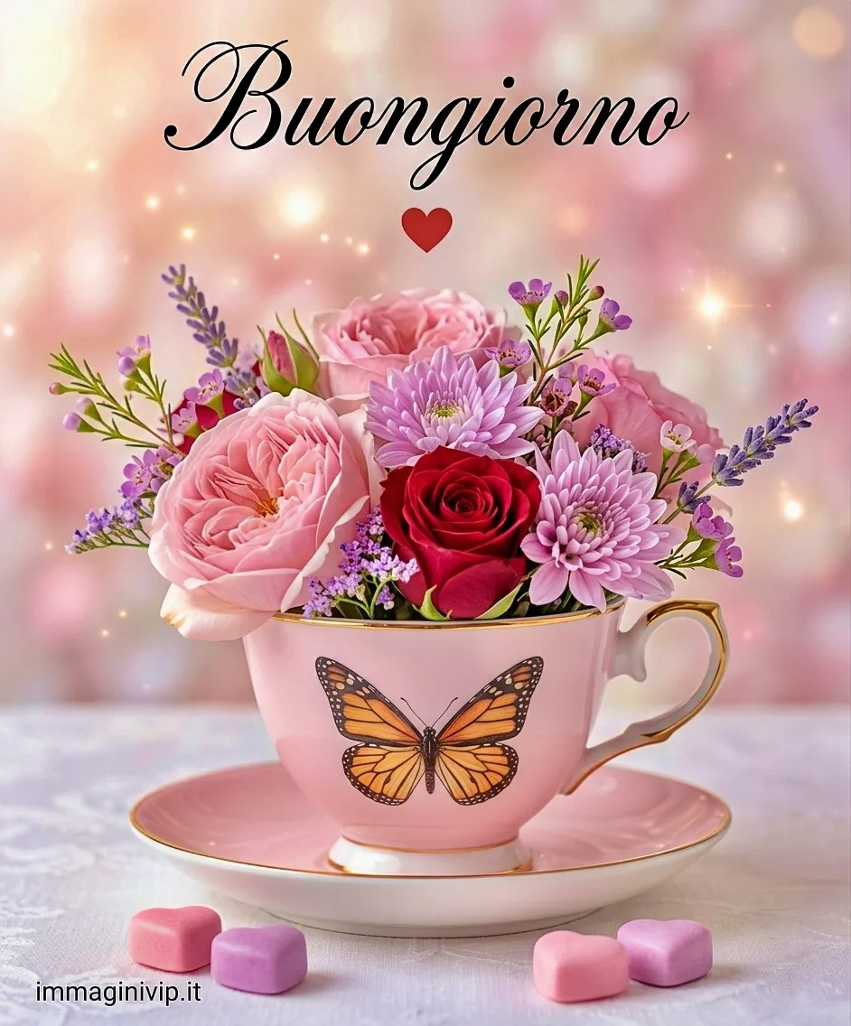 Tazza rosa con farfalla, bouquet di fiori e scritta "Buongiorno" su sfondo bokeh luminoso.