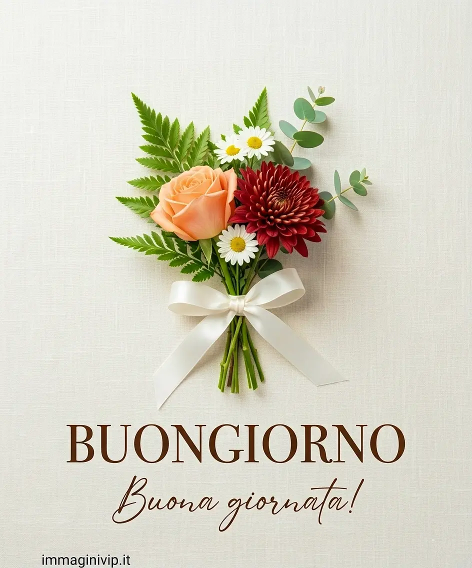 ​Bouquet di fiori con rosa, gerbera e fiocco bianco con scritta "Buongiorno Buona Giornata"
