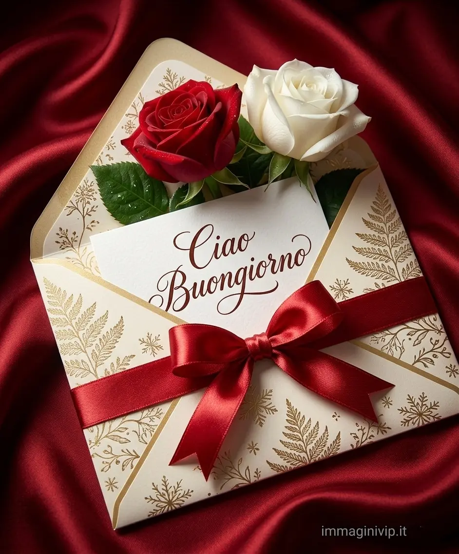 Busta con rose, fiocco rosso e biglietto "Ciao Buongiorno" su tessuto di seta rossa.