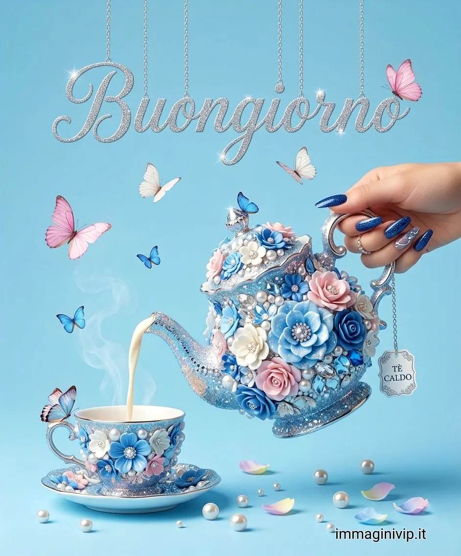 Immagine artistica di teiera decorata con fiori, farfalle e scritta "Buongiorno" su sfondo azzurro.