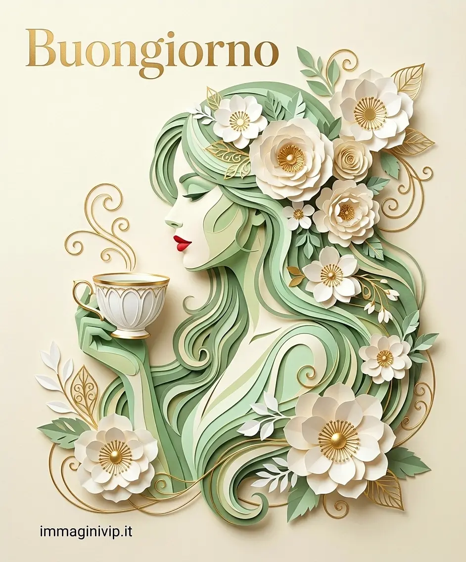 Illustrazione paper-cut di donna con fiori, tazza di caffè e scritta dorata "Buongiorno".