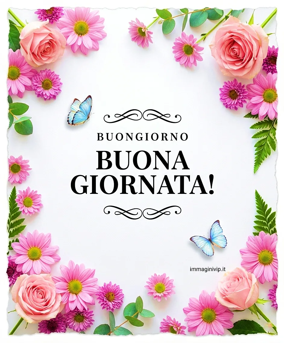 Un’immagine con fiori rosa, farfalle e la scritta "Buongiorno Buona Giornata" su sfondo bianco.