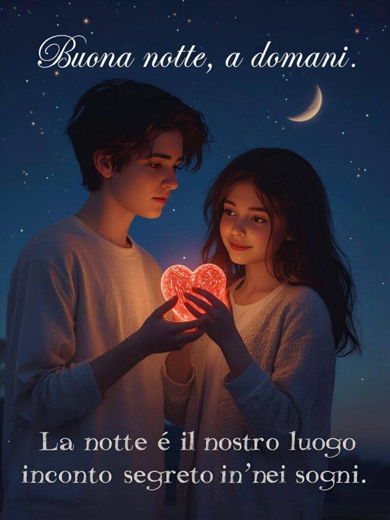 Coppia dolce che tiene un cuore luminoso rosso sotto la luna crescente, ideale per chi cerca immagini buonanotte d'amore profonde con frasi romantiche