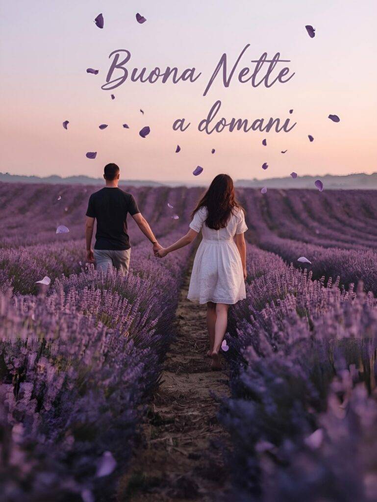 Coppia che si tiene per mano camminando in un immenso campo di lavanda viola al tramonto, perfetta per cartoline di buona notte a domani romantiche e poetiche