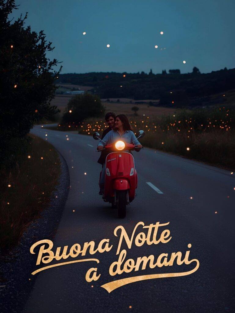 Immagine romantica di una coppia in sella a una Vespa rossa d'epoca su una strada di campagna al tramonto con lucciole e scritta Buona Notte a domani