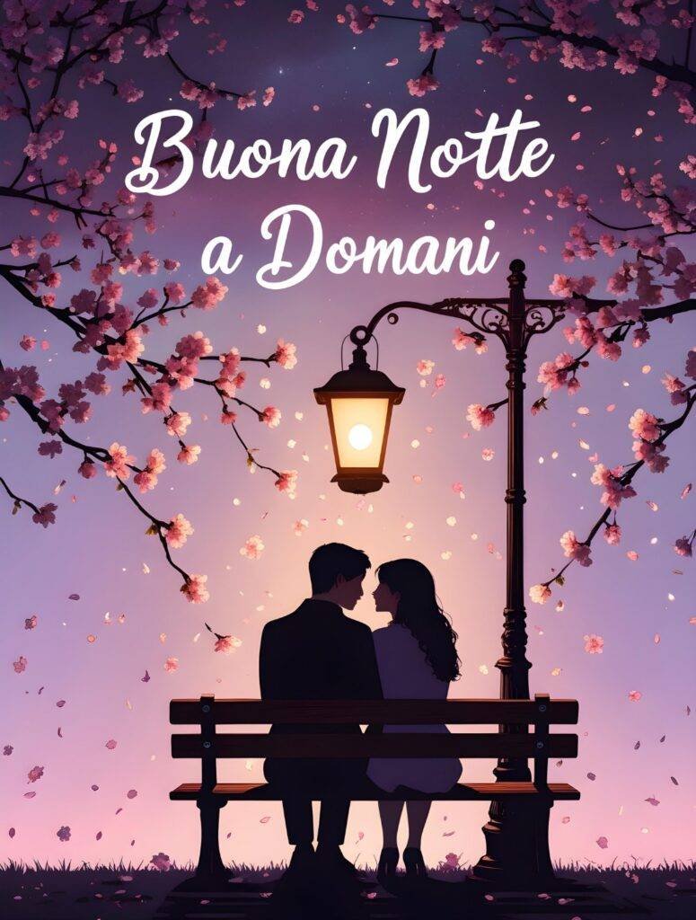 Silhouette romantica di una coppia su una panchina sotto un lampione antico circondata da petali di ciliegio rosa che cadono, ideale come buonanotte amore mio a domani