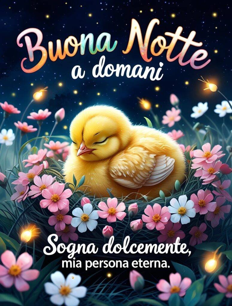 Dolcissimo pulcino giallo che dorme in un nido di margherite rosa circondato da lucciole luminose, con dedica affettuosa Sogna dolcemente mia persona eterna e Buona Notte