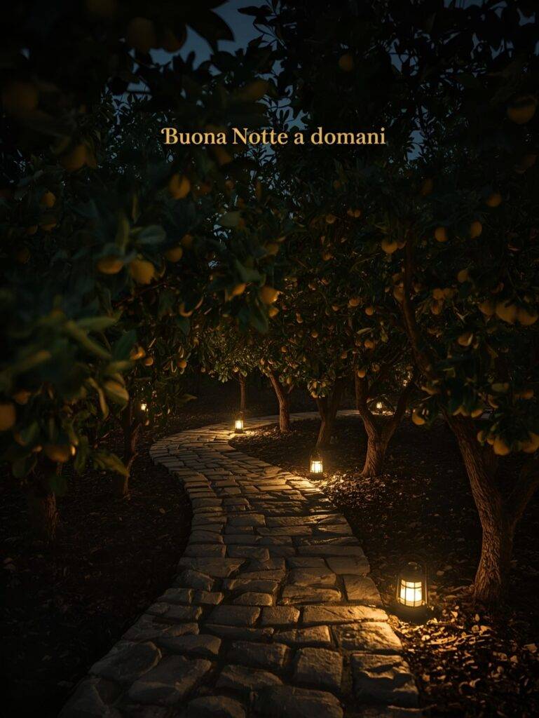Suggestivo sentiero di pietra illuminato da lanterne tra gli alberi di un frutteto di notte, ideale come immagine buona notte a domani romantica e rilassante